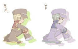 1boy alternate_color blonde_hair brown_coat brown_eyes brown_hat brown_pants closed_mouth coat commentary_request dated_commentary full_body gold_trim green_eyes green_hair grey_shoes hands_on_own_knees hat looking_at_viewer male_focus multicolored_coat newsboy_cap pants player_2 priest_(ragnarok_online) purple_coat purple_hat purple_pants ragnarok_online red_coat sharari shoes short_hair simple_background sitting smile two-tone_coat white_background