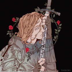 1boy absurdres armor artist_name black_background blonde_hair breastplate brown_gloves darero fear_&amp;_hunger_(series) fear_&amp;_hunger_1 fingerless_gloves flower gloves gorget highres holding holding_blade holding_sword holding_weapon knight le&#039;garde_(fear_&amp;_hunger) medium_hair pauldrons plant red_flower red_rose rose shoulder_armor simple_background solo sword upper_body vines weapon