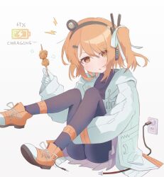 1girl a.i._voice absurdres adachi_rei android battery_indicator black_leggings black_shirt blush cable charging_device chicken_(food) commentary electrical_outlet english_text feet_up food fried_chicken full_body gasao gloves grey_skirt hand_up headlamp headset highres holding holding_skewer hood hood_down hooded_jacket hugging_own_legs jacket leggings lightning_bolt_symbol looking_at_viewer medium_hair one_side_up open_mouth orange_eyes orange_hair pleated_skirt radio_antenna shirt shoes simple_background sitting skewer skirt sneakers solo typo utau white_background white_gloves white_jacket