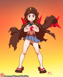 10s 1girl breasts brown_eyes brown_hair cleft_of_venus crossed_arms female_focus geta hat kill_la_kill looking_at_viewer mankanshoku_mako nipples noise_tanker pussy sandals solo toothpick torn_clothes uncensored