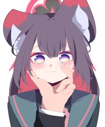 Rule 34 | 1girl, 1other, absurdres, amebrew, animal ear fluff, animal ears, black hair, black jacket, blue archive, blush, closed eyes, colored inner hair, fox ears, fox girl, green sailor collar, hair between eyes, hand on another&#039;s face, highres, jacket, long hair, multicolored hair, pov, red hair, sailor collar, sidelocks, smile, textless version, two-tone hair, wakamo (blue archive)
