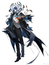 1boy absurdres arknights ascot black_coat black_footwear black_pants blue_ascot blue_gloves coat commentary crinoid dongsheng full_body gloves highres key layered_sleeves long_sleeves lumen_(arknights) monster_boy monsterification orange_ascot pants seaborn_(arknights) shirt simple_background solo spyglass standing symbol-only_commentary watermark weibo_watermark white_background white_shirt