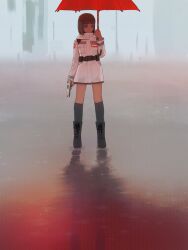1girl ankle_boots belt black_boots black_socks blunt_bangs blunt_ends boots brown_eyes brown_hair coat finger_on_trigger grey_background gun handgun highres holding holding_gun holding_umbrella holding_weapon kneehighs lace-up_boots looking_at_viewer medium_hair name_tag no_pants no_pupils notfuji original painterly rain raised_eyebrows red_theme red_umbrella reflection reflective_water ripples socks solo standing standing_on_liquid turning_head umbrella utility_belt water weapon weapon_request white_coat
