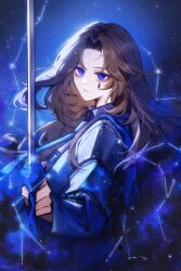 1girl blue_background blue_eyes brown_hair constellation e.g.o_(project_moon) highres holding holding_sword holding_weapon kinala6490098 limbus_company long_hair long_sleeves official_alternate_costume project_moon rodion_(project_moon) solo sword teardrop_facial_mark the_sword_sharpened_with_tears_(e.g.o) weapon