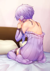 1girl absurdres ass back bare_shoulders bed_sheet blush breast_hold breasts commentary_request detached_sleeves dress embarrassed from_behind full_body gradient_hair grey_background hand_up highres long_sleeves multicolored_hair nichesnake no_shoes on_bed pillow purple_dress purple_hair purple_thighhighs short_hair_with_long_locks sidelocks solo thighhighs voiceroid yuzuki_yukari