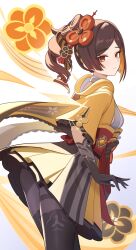 1girl absurdres black_gloves black_pantyhose breasts brown_hair chiori_(genshin_impact) closed_mouth flower_hairpin genshin_impact geo_symbol_(genshin_impact) gloves highres japanese_clothes kimono long_hair looking_at_viewer medium_breasts orange_eyes orange_kimono pantyhose short_sleeves simple_background solo vec_ka vision_(genshin_impact) white_background