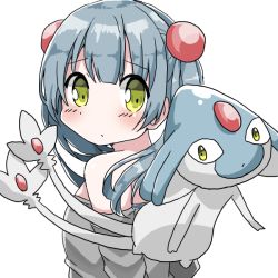 1girl azelf bare_shoulders blue_hair blush closed_mouth commentary_request creature_and_personification creatures_(company) game_freak gen_4_pokemon green_eyes grey_shirt hair_between_eyes hair_ornament hamada_pengin legendary_pokemon long_hair looking_at_viewer looking_to_the_side nintendo off-shoulder_shirt off_shoulder original personification pokemon pokemon_(creature) shirt sidelocks simple_background twintails white_background