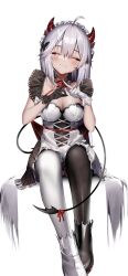 1girl :3 =_= absurdres ahoge apron asymmetrical_footwear asymmetrical_gloves asymmetrical_legwear black_dress black_footwear black_gloves black_thighhighs bow breasts cleavage closed_eyes closed_mouth commentary demon_girl demon_horns demon_tail dress english_commentary fang full_body gloves grey_hair hair_between_eyes hair_bow hair_ornament highres horns indie_virtual_youtuber invisible_chair long_hair maid maid_headdress medium_breasts mismatched_footwear mismatched_gloves mismatched_legwear moonchii multiple_horns neck_ribbon pointy_ears red_horns ribbon simple_background sitting skin_fang solo tail tail_bow tail_ornament thighhighs vei_(vtuber) vei_(vtuber)_(4th_costume) very_long_hair virtual_youtuber waist_apron white_background white_footwear white_gloves white_thighhighs x_fingers
