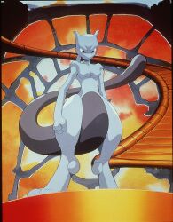 1990s_(style) 1boy full_body gen_1_pokemon highres legendary_pokemon looking_at_viewer mewtwo nintendo official_art pokemon pokemon:_the_first_movie_-_mewtwo_strikes_back pokemon_(anime) pokemon_(classic_anime) pokemon_(creature) retro_artstyle serious source_request standing tail third-party_edit