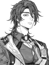 1boy beard_stubble belt belt_buckle buckle collared_shirt commentary_request facial_hair gallagher_(honkai:_star_rail) greyscale hair_between_eyes highres honkai:_star_rail honkai_(series) lapels looking_to_the_side male_focus monochrome o-ring parted_bangs parted_hair parted_lips shirt shoulder_belt simple_background solo stubble teeth upper_body vest white_background wing_collar xo_5ss
