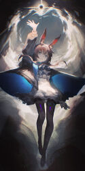 1girl absurdres amiya_(arknights) animal_ears arknights arm_up blue_eyes blue_jacket brown_hair brown_pantyhose full_body hair_between_eyes hand_up highres infection_monitor_(arknights) jacket jiuxiaoshi long_sidelocks looking_at_viewer open_clothes open_jacket open_mouth pantyhose rabbit_ears rabbit_girl shirt sidelocks solo white_shirt