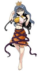 arm_ribbon arm_up barefoot black_ribbon blue_hair chirizuka_ubame clenched_hand dairi dress fossilized_wonders frilled_dress frilled_skirt frills grin hair_ornament halterneck highres knee_up long_hair midriff multicolored_dress nipples open_mouth orange_skirt partially_shaded_face purple_eyes purple_ribbon ribbon skirt smile sparkling_eyes standing standing_on_one_leg tachi-e touhou waist_ribbon