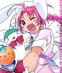 Rule 34 | 1girl, absurdres, animal ears, blush stickers, braid, copyright name, fang, hat, highres, holding, holding wand, jewelry, long hair, looking at viewer, mugimaru, nakahara komugi, necklace, nurse, nurse cap, nurse witch komugi-chan, one eye closed, open mouth, pink eyes, pink hair, rabbit ears, rnornopoo, skin fang, wand