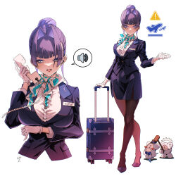 1girl alarm_clock anger_vein blue_bow blue_bowtie blue_eyes blue_hair bow bowtie breasts clock flight_attendant formal_clothes gloves hair_bun hair_intakes hammer hat highres holding holding_phone hololive hololive_english kronie_(ouro_kronii) large_breasts long_sleeves medium_hair ouro_kronii phone rolling_suitcase shirt simple_background single_leg_pantyhose speech_bubble suit suitcase taka_t top_hat travel_attendant virtual_youtuber white_background white_gloves white_shirt