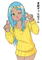 1boy ;d blue_hair commentary cowboy_shot dark-skinned_male dark_skin double_v fang green_eyes gyaru hair_ornament hairclip hands_up highres keijirou_(mukunozaltusou) long_hair long_sleeves looking_at_viewer one_eye_closed open_mouth original parted_bangs ribbed_sweater simple_background skin_fang smile solo sweater tan translated trap v white_background white_sweater yellow_sweater