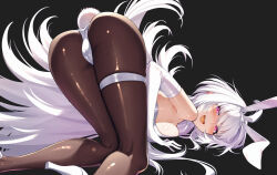 1girl ahoge animal_ear_hairband animal_ears armpit_peek ass bare_shoulders black_background blush breast_press breasts brown_pantyhose cluseller commission elbow_gloves fake_animal_ears fate/prototype fate_(series) gloves hairband high_heels highres kneepits large_breasts leotard long_hair merlin_(fate/prototype) open_mouth pantyhose pink_eyes playboy_bunny rabbit_ear_hairband rabbit_ears rabbit_tail shoes skeb_commission smile solo tail teeth thigh_strap thighs tongue top-down_bottom-up upper_teeth_only white_gloves white_hair white_hairband white_leotard white_shoes white_tail