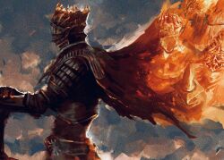 1other ambiguous_gender armor breastplate cape chainmail commentary dark_souls_(series) dark_souls_iii fiery_clothing fire gauntlets graffitigw grey_background helmet highres knight mixed-language_commentary other_focus profile red_cape solo soul_of_cinder upper_body