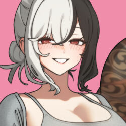 1boy 1girl black_hair blush breasts codename_rose dongtan_dress hair_bun irezumi large_breasts low_ponytail multicolored_hair pink_background ponytail red_eyes seductive_smile single_hair_bun smile split-color_hair tattoo teeth two-tone_hair waktaverse white_hair yoongel