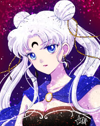 Rule 34 | 1girl, bishoujo senshi sailor moon, black moon clan, blue cape, blue eyes, breasts, cape, cleavage, collarbone, corruption, crescent, crescent facial mark, dark persona, double bun, earrings, facial mark, floating hair, hair bun, hair intakes, highres, hoshikuzu (milkyway792), jewelry, long hair, medium breasts, open mouth, photoshop (medium), solo, strapless, tsukino usagi, twintails, upper body, very long hair, white hair