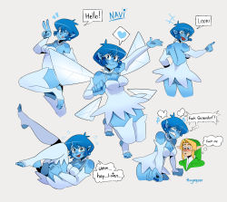 1boy 1girl absurdres angry blue_eyes blue_hair blue_skin breasts colored_skin detached_sleeves dress earrings eyelashes fairy fairy_wings highres jewelry link medium_breasts navi nintendo personification pointy_ears profanity redesign short_dress short_hair sideburns smile the_legend_of_zelda the_legend_of_zelda:_ocarina_of_time thegreyzen thighhighs toeless_legwear wings