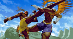 2boys bald bindi blue_sky capcom cloud dark-skinned_male dark_skin dhalsim eyepatch facepaint fighting foot_wraps hand_wraps jewelry kicking leg_wrap male_focus multiple_boys muscular muscular_male necklace outdoors sagat scar scar_on_chest shorts skull_necklace sky statue street_fighter street_fighter_ii_(series) wrist_wrap