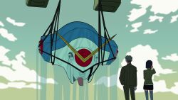 1boy 1girl absurdres back black_hair challia_bull cloud comoli_harcourt g_gundam gloves green_hair gundam gundam_gquuuuuux gundam_rose hanging head_only highres jacket long_sleeves mecha military_jacket military_uniform mobile_suit name_connection outdoors reprilo_channel robot scene_reference science_fiction shirt short_hair skirt sky v-fin water