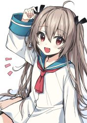 1girl :d ahoge arm_up atri atri-my_dear_moments- black_ribbon blue_sailor_collar dress hair_between_eyes hair_ribbon highres kuoinu light_blush long_sleeves looking_at_viewer neckerchief notice_lines open_mouth red_eyes red_neckerchief ribbon sailor_collar sailor_dress simple_background smile solo white_background white_dress