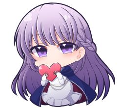 1girl belly_chain blue_cape blue_dress braid cape chibi commission commissioner_upload dress fire_emblem fire_emblem:_the_binding_blade french_braid heart highres holding holding_heart jewelry long_hair nintendo purple_eyes purple_hair shiohachi skeb_commission smile solo sophia_(fire_emblem) transparent_background very_long_hair