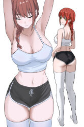 1girl :p absurdres ass bare_shoulders black_shorts braid braided_ponytail breasts camisole candy chainsaw_man cleavage collarbone cropped_legs crossed_legs dolphin_shorts food grin highres holding holding_candy holding_food holding_lollipop large_breasts lollipop makima_(chainsaw_man) multiple_views navel red_hair short_shorts shorts simple_background skrillex_li smile thighhighs thighs tongue tongue_out watson_cross white_background white_camisole white_thighhighs yellow_eyes
