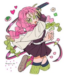 Rule 34 | 1girl, :d, blush stickers, brown dress, brown sandals, cropped legs, dango, demon slayer uniform, dress, food, gradient hair, green eyes, green hair, green thighhighs, heart, highres, holding, holding sword, holding weapon, kanroji mitsuri, kimetsu no yaiba, leg up, long sleeves, looking at viewer, multicolored hair, open clothes, open mouth, open shirt, pink hair, ribbed thighhighs, sandals, sanshoku dango, shirt, short dress, simple background, smile, solo, sword, thighhighs, twitter username, two-tone hair, wagashi, weapon, white background, white shirt, zettai 22
