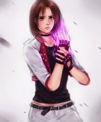 brown_hair fingerless_gloves fire gloves kusanagi_aoi purple_fire snk the_king_of_fighters the_king_of_fighters_kyou