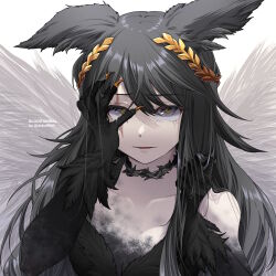 Rule 34 | 1girl, animal ears, black shirt, black wings, cat ears, choker, claws, commission, commissioner upload, crying, crying with eyes open, debuff999, english text, feathered hair, feathered wings, gold claws, gradient skin, hand on own face, highres, holding, holding own hair, laurel crown, looking at viewer, non-web source, original, parted lips, pulling own hair, sad, scar, scar across eye, scar on face, shirt, sidelocks, solo, tears, watermark, white eyes, wings