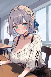 1girl artist_name black_choker black_skirt black_tank_top blue_ribbon blush braid breasts chair choker cleavage collarbone green_eyes grey_hair hair_ribbon highres hololive large_breasts off-shoulder_sweater off_shoulder plaid_clothes plaid_skirt ribbed_sweater ribbon shadow shirogane_noel shirogane_noel_(casual) short_hair skirt smile snowflake_pendant solo sweater table tank_top virtual_youtuber white_sweater window y_uunaa