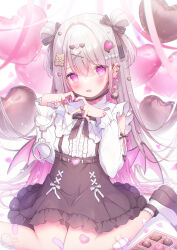 1girl balloon bandaid bandaid_on_knee bandaid_on_leg bare_shoulders beads belt blush bow bow_skirt bowtie box box_of_chocolates brooch brown_belt brown_bow brown_bowtie brown_skirt center_frills clothing_cutout collared_shirt colored_inner_hair commentary_request cross cuffs dated demon_girl demon_wings dot_nose ear_bow ear_piercing earrings food-themed_hair_ornament foot_out_of_frame frilled_shirt frilled_skirt frilled_sleeves frills gauze gauze_on_leg hair_beads hair_between_eyes hair_bow hair_intakes hair_ornament handcuffs hands_up heart heart-shaped_bandaid heart_balloon heart_belt_buckle heart_brooch heart_hair_ornament heart_hands heart_in_eye heart_ring highres jewelry jirai_kei latin_cross long_hair long_sleeves looking_at_viewer mask mouth_mask multicolored_hair multiple_hair_bows omochi_monaka original piercing pink_bandaid pink_eyes pink_hair platform_shoes pointy_ears puffy_long_sleeves puffy_sleeves puritan_collar purple_bandaid ring seiza shirt shoulder_cutout sidelocks signature sitting skirt sleeve_bow socks solo sparkle strawberry_hair_ornament striped_bow suspender_skirt suspenders symbol_in_eye teddy_bear_hair_ornament twitter_username two_side_up valentine very_long_hair wavy_mouth white_bow white_hair white_shirt white_socks wings x_hair_ornament