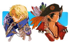 2boys aiguillette alternate_costume ascot bandana belt_buckle black_eyes black_hat blonde_hair blue_feathers buckle closed_mouth coat collarbone collared_coat commentary_request cropped_shoulders curtained_hair earrings feathers freckles gem green_feathers hat highres hoop_earrings jewelry korean_commentary leaff00 looking_to_the_side male_focus multiple_boys multiple_earrings multiple_necklaces necklace one_piece open_clothes open_coat orange_feathers piercing pirate_hat portgas_d._ace red_coat red_gemstone sabo_(one_piece) scar scar_across_eye scar_on_face short_hair sideways_glance stud_earrings tassel wavy_hair white_ascot white_feathers wing_collar