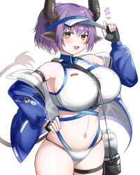 1girl :d absurdres animal_ears arknights arm_strap bikini black_gloves black_horns blue_jacket blush bottle breasts bright_pupils commentary cowboy_shot fingerless_gloves gloves hand_on_own_hip highres horns jacket large_breasts navel notice_lines official_alternate_costume open_mouth purple_hair short_hair sideroca_(arknights) sideroca_(light_breeze)_(arknights) simple_background smile solo spam_(spamham4506) standing swimsuit thigh_strap visor_cap white_background white_bikini white_pupils yellow_eyes