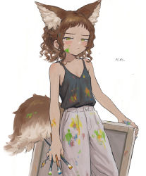 1girl animal_ear_fluff animal_ears blue_nails blush bolero_(bo_le_ro66) breasts brown_hair brush canvas_(object) closed_mouth fingernails grey_background half-closed_eyes highres holding holding_brush holding_paintbrush blue_nails looking_at_viewer medium_hair mole mole_on_breast mole_under_eye nail_polish original paint paint_on_body paint_on_clothes paint_splatter paint_splatter_on_face paintbrush shirt_tucked_in simple_background solo tail yellow_eyes