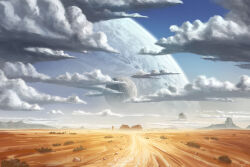 Rule 34 | artist logo, artist name, blue sky, building, cloud, cloudy sky, commentary, day, desert, english commentary, house, kvacm, landscape, logo, moon, mountainous horizon, no humans, original, planet, scenery, science fiction, sky, watermark, web address