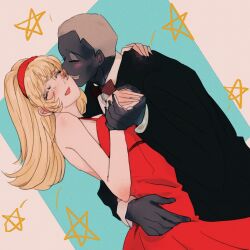 1boy 1girl arm_around_shoulder black_suit blonde_hair closed_eyes cyborg_009 dancing dress formal_clothes francoise_arnoul hairband hand_on_another&#039;s_hip highres holding_hands kiss kissing_cheek long_hair pyunma red_dress red_hairband sariokisu smile straight_hair suit