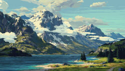 blue_sky cloud day highres mountain no_humans original outdoors philipp_urlich pine_tree pixel_art river scenery sky tree water