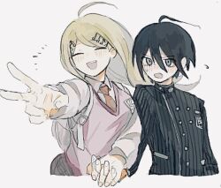1boy 1girl ^_^ ahoge akamatsu_kaede backpack bag black_hair black_jacket blonde_hair blush breast_pocket breasts buckle buttons closed_eyes collared_jacket collared_shirt commentary crest cropped_legs danganronpa_(series) danganronpa_v3:_killing_harmony dot_nose double-breasted fingernails floating_hair flustered flying_sweatdrops fortissimo frown furrowed_brow grey_background grey_skirt hair_between_eyes hair_ornament happy high_collar holding_hands interlocked_fingers jacket layered_sleeves light_blush long_eyelashes long_hair long_sleeves musical_note musical_note_hair_ornament musical_note_print necktie notice_lines open_mouth orange_necktie pink_vest pinstripe_jacket pinstripe_pattern pleated_skirt pocket saihara_shuichi shirt short_hair simple_background skirt smile sweatdrop symbol-only_commentary teeth upper_teeth_only v v-neck vest white_bag white_shirt yasaijui
