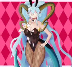 Rule 34 | 1girl, absurdres, animal ears, aqua hair, breasts, cleavage, curled horns, fake animal ears, fishnet pantyhose, fishnets, hair between eyes, highleg, highres, horns, large breasts, leotard, long hair, pantyhose, playboy bunny, rabbit ears, solo, strapless, strapless leotard, symbol-shaped pupils, tail, tiamat (fate), very long hair, wrist cuffs, x-shaped pupils