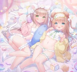 2girls :d alphabet_blocks animal_ear_hairband animal_ears blue_eyes blush bobby_socks bone bow bow_panties bra brown_hair candy cardigan cat_ears cat_girl cat_tail closed_mouth commentary_request criss-cross_halter cropped_shirt dog_ears dog_girl eye_mask fake_animal_ears food frilled_hairband frilled_panties frilled_thigh_strap frills full_body green_eyes groin hair_ornament hairband hairclip halterneck head_on_pillow highres holding holding_candy holding_food holding_lollipop lollipop long_hair long_sleeves looking_at_viewer lying mask mask_on_head midriff multiple_girls navel neck_ribbon omochi_monaka on_back on_side open_cardigan open_clothes open_mouth original pacifier panties pillow pink_cardigan pom_pom_(clothes) pom_pom_hair_ornament ribbon shirt smile socks star_(symbol) stuffed_animal stuffed_fish stuffed_toy tail tail_scrunchie thigh_strap two_side_up underwear very_long_hair white_bra white_panties white_shirt white_socks x_hair_ornament yellow_cardigan