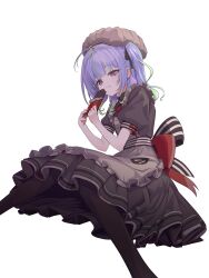 1girl absurdres ahoge alternate_costume apron back_bow black_pantyhose blue_hair bow candy chocolate chocolate_bar closed_mouth dress feet_out_of_frame food frilled_apron frilled_dress frills green_hair grey_apron grey_dress grey_hat hat highres looking_at_viewer medium_hair mob_cap mole mole_under_eye multicolored_hair nanashi_inc. ougimaneki pantyhose pink_eyes puffy_short_sleeves puffy_sleeves red_bow short_sleeves simple_background smile solo suzumi_nemo transparent_background two-tone_hair two_side_up variant_set virtual_youtuber