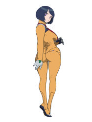 1girl absurdres ass black_hair breasts full_body gundam gundam_gquuuuuux highres looking_at_viewer looking_back mecha_pilot_suit medium_breasts normal_suit_(gundam) purple_eyes shiiko_sugai short_hair simple_background solo toshinoshin white_background