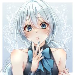 1boy androgynous aqua_nails bare_shoulders black_shirt blue_background blue_bow blue_eyes border bow commentary_request dragon_quest dragon_quest_x flower hair_between_eyes head_tilt hero_(dq10) highres kuro11_222 looking_at_viewer low_ponytail male_focus ponytail shirt shirt_bow sleeveless sleeveless_shirt solo trap upper_body white_border white_hair