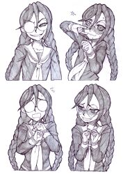 1girl \n/ anti-earth_bomb blush closed_mouth collared_shirt commentary_request cropped_torso danganronpa:_trigger_happy_havoc danganronpa_(series) eyelashes flying_sweatdrops fukawa_toko glasses greyscale grin long_hair long_sleeves looking_at_viewer mole mole_under_mouth monochrome multiple_expressions multiple_views neckerchief opaque_glasses open_mouth partially_opaque_glasses round_eyewear sailor_collar shirt simple_background smile star_(symbol) sweatdrop wavy_mouth white_background