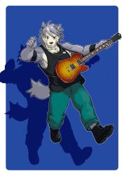 1boy animal_ears armband black_boots black_shirt black_tank_top blue_background blue_pants boots closed_mouth commentary_request dog_boy dog_ears dog_tags dog_tail electric_guitar furry furry_male grey_hair guitar holding holding_instrument holding_plectrum instrument jewelry kouya_aotsuki looking_at_viewer male_focus morenatsu necklace pants plectrum shadow shirt sleeveless sleeveless_shirt smile tail takichizento tank_top