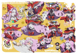 +_+ 2boys 2girls :d absurdres annoyed bed black_hair blanket blue_eyes blue_lips blush blush_stickers bomb bow bowtie braid cape chibi clown colored_skin commentary_request confetti curly_hair demon_boy emoji explosive multiple_expressions fangs fate/grand_order fate_(series) fever fujimaru_ritsuka_(male) fur-trimmed_cape fur_collar fur_trim gloves green_eyes hand_on_own_chin hand_up hat headpiece heart heart-shaped_pupils highres horns jack_the_ripper_(fate/apocrypha) lipstick long_tongue lovestruck loveyama makeup medium_hair mephistopheles_(fate) multicolored_eyes multiple_boys multiple_girls no_mouth nursery_rhyme_(fate) ok_sign open_mouth pointy_ears purple_eyes purple_hair serious shaded_face short_hair sick smile smirk smug symbol-shaped_pupils teardrop teeth thick_eyebrows thumbs_down tick_tock_bomb time_bomb tongue tongue_out towel towel_on_head translation_request white_hair white_skin