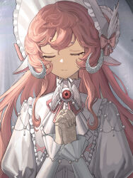 Rule 34 | 1girl, absurdres, alternate costume, bonnet, bow, closed eyes, closed mouth, cropped, curled horns, dress, eyeball, facing viewer, gloves, grey background, hands up, hat, hat bow, highres, horns, interlocked fingers, jiaolu chongzu, juliet sleeves, lace, lace gloves, long hair, long sleeves, low horns, nautika (reverse:1999), neck ribbon, own hands together, pink bow, pink hair, pink ribbon, praying, puffy sleeves, reverse:1999, ribbon, solo, upper body, white dress, white hat, white horns